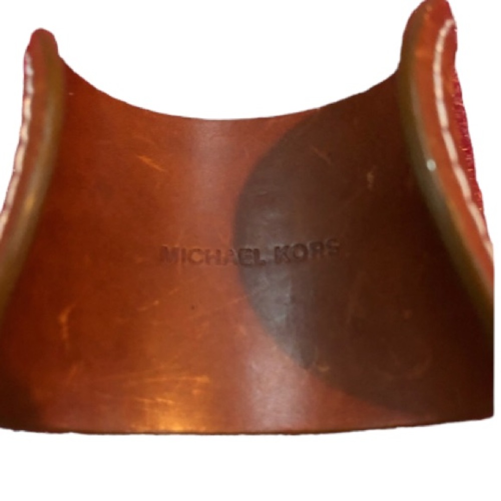 Micheal Kors gold cuff bracelet cognac brown leather trim NWOT - Picture 3 of 10